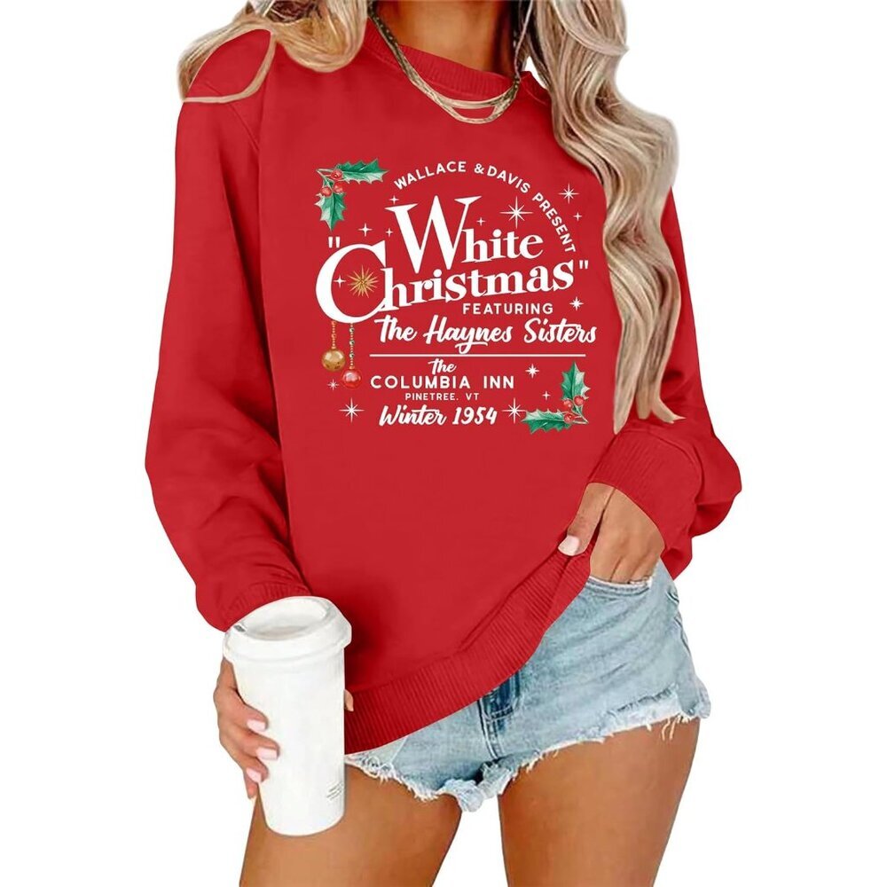 Women Christmas Sweatshirt Cotton Blend Long Sleeve Pine Tree Holiday Top
